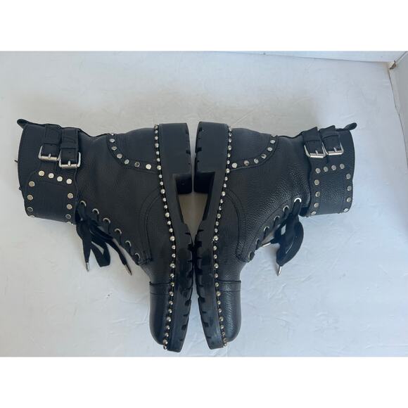 Sam Edelman Jennifer Black Pebble Leather Studded Lace-Up and Zip Ankle Boots 7M - Picture 6 of 10